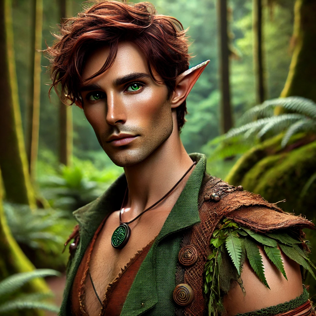 A Lysrevalfar male showing an ethereal grace with lean musculature, earthy-toned skin, and vibrant eyes.
