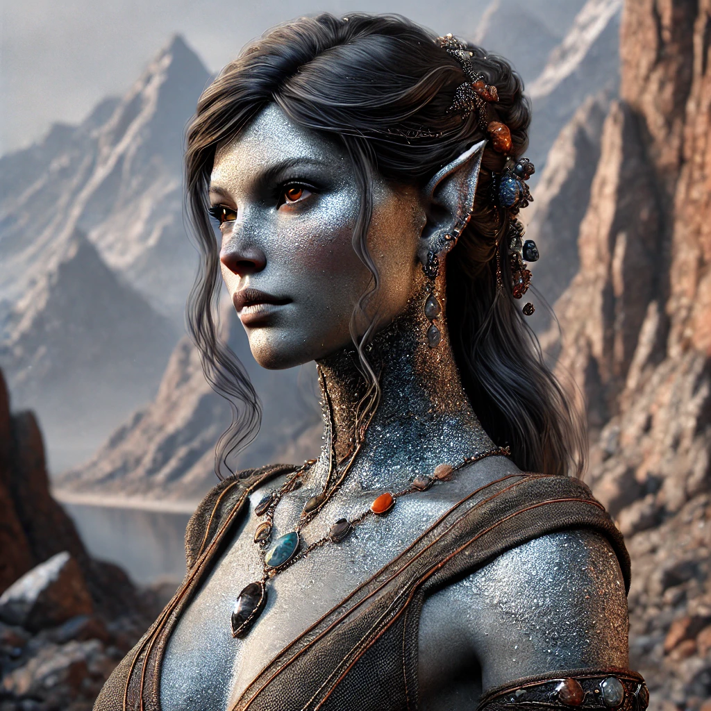A Stonrevalfar woman showing rugged elegance, with a statuesque frame, stone-hued skin, and a calm, enduring presence.